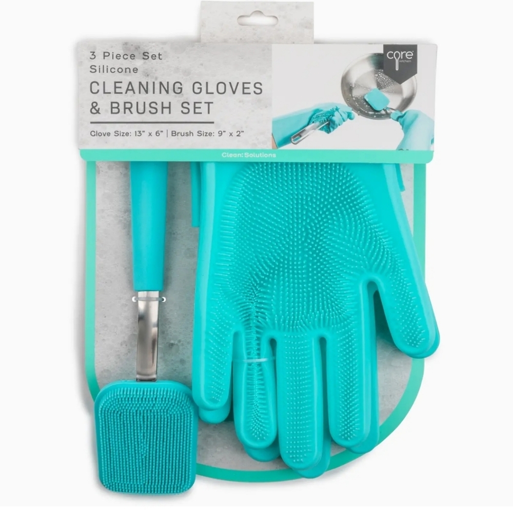 CORE KITCHEN 3pc Teal silicone cleaning gloves with brush set New